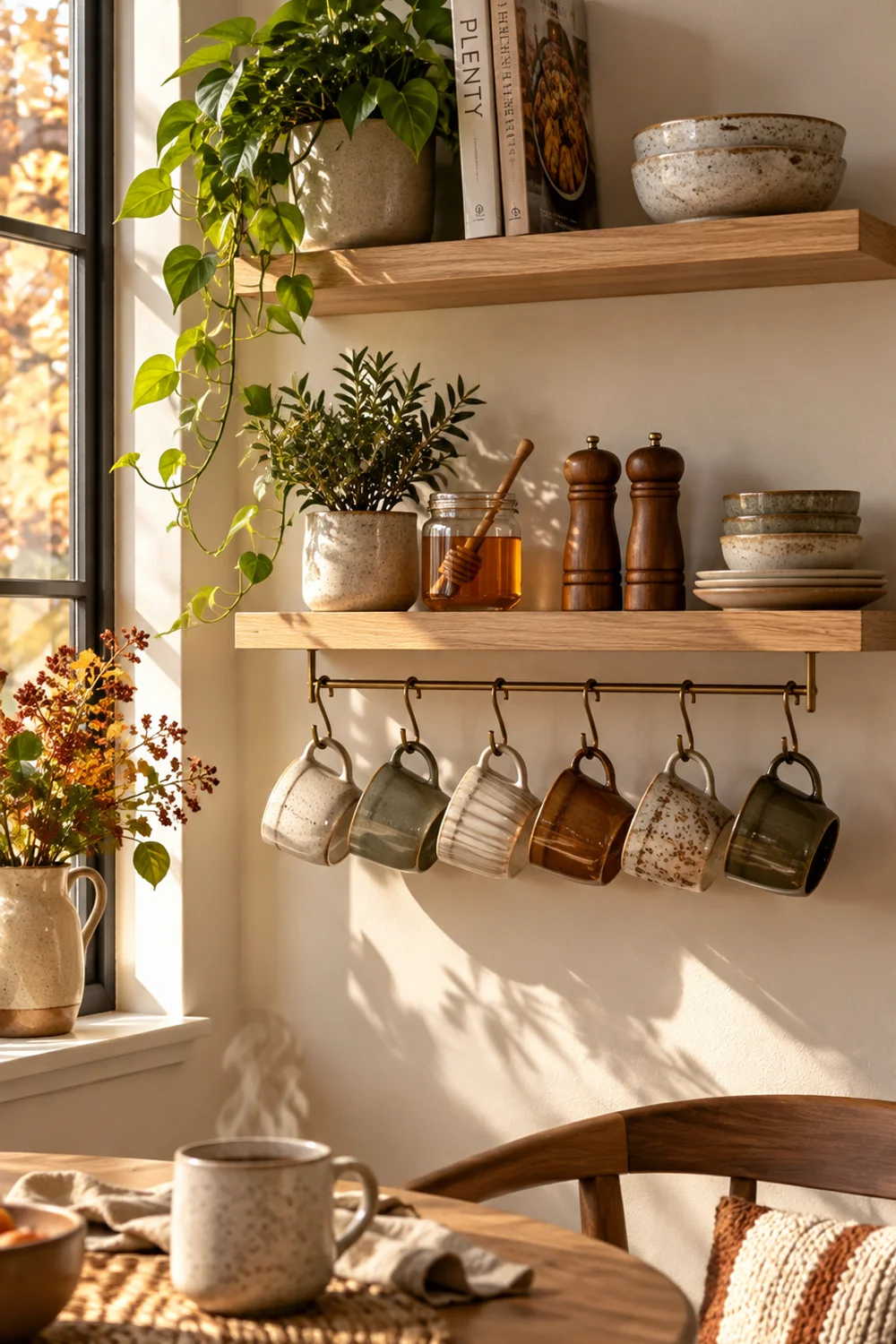 Two floating wall shelves with coffee mugs hanging on hooks above a small breakfast nook table beside a window