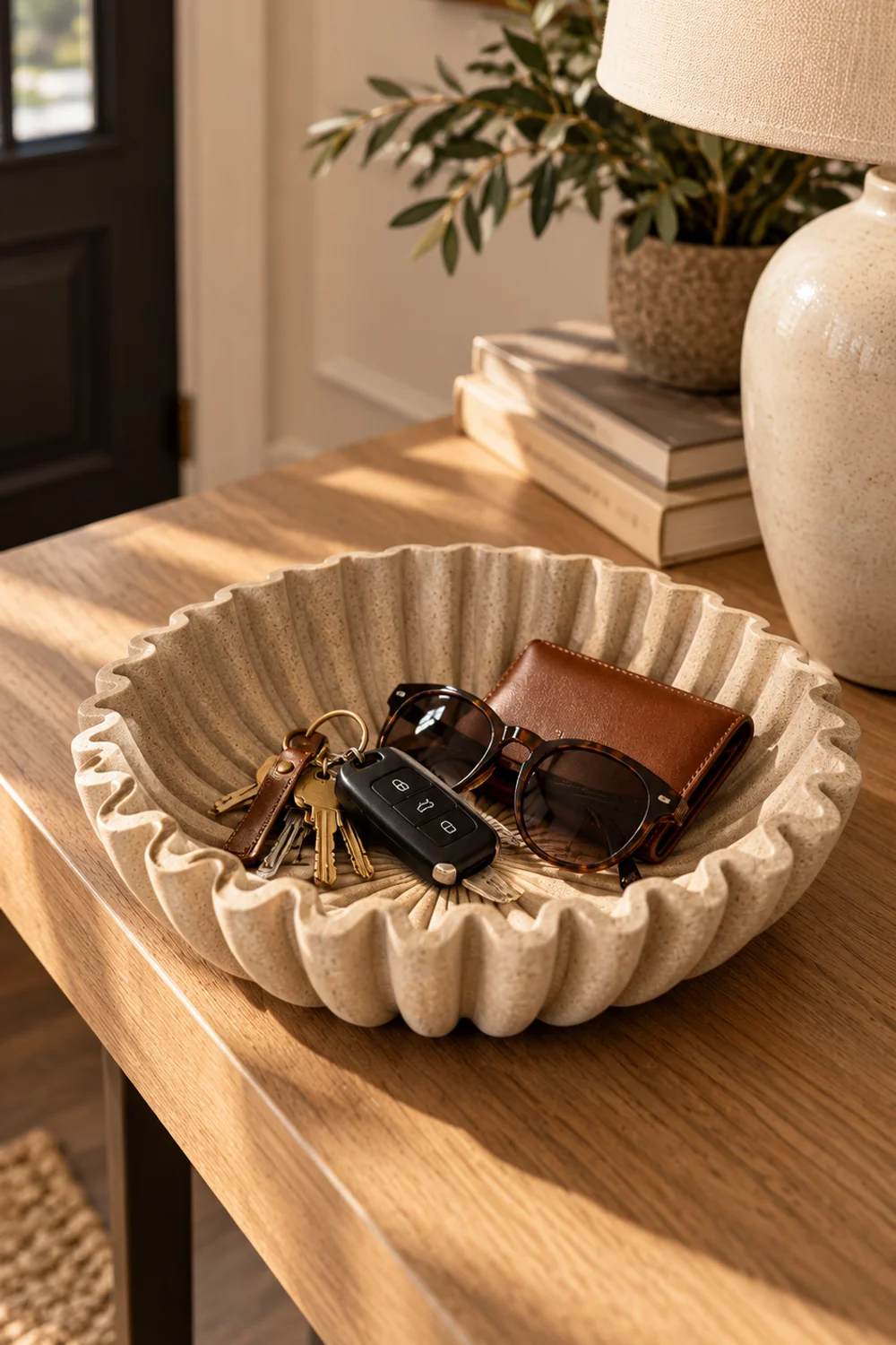Wide fluted beige resin bowl holding keys, sunglasses and a wallet at the door end of an entry console table