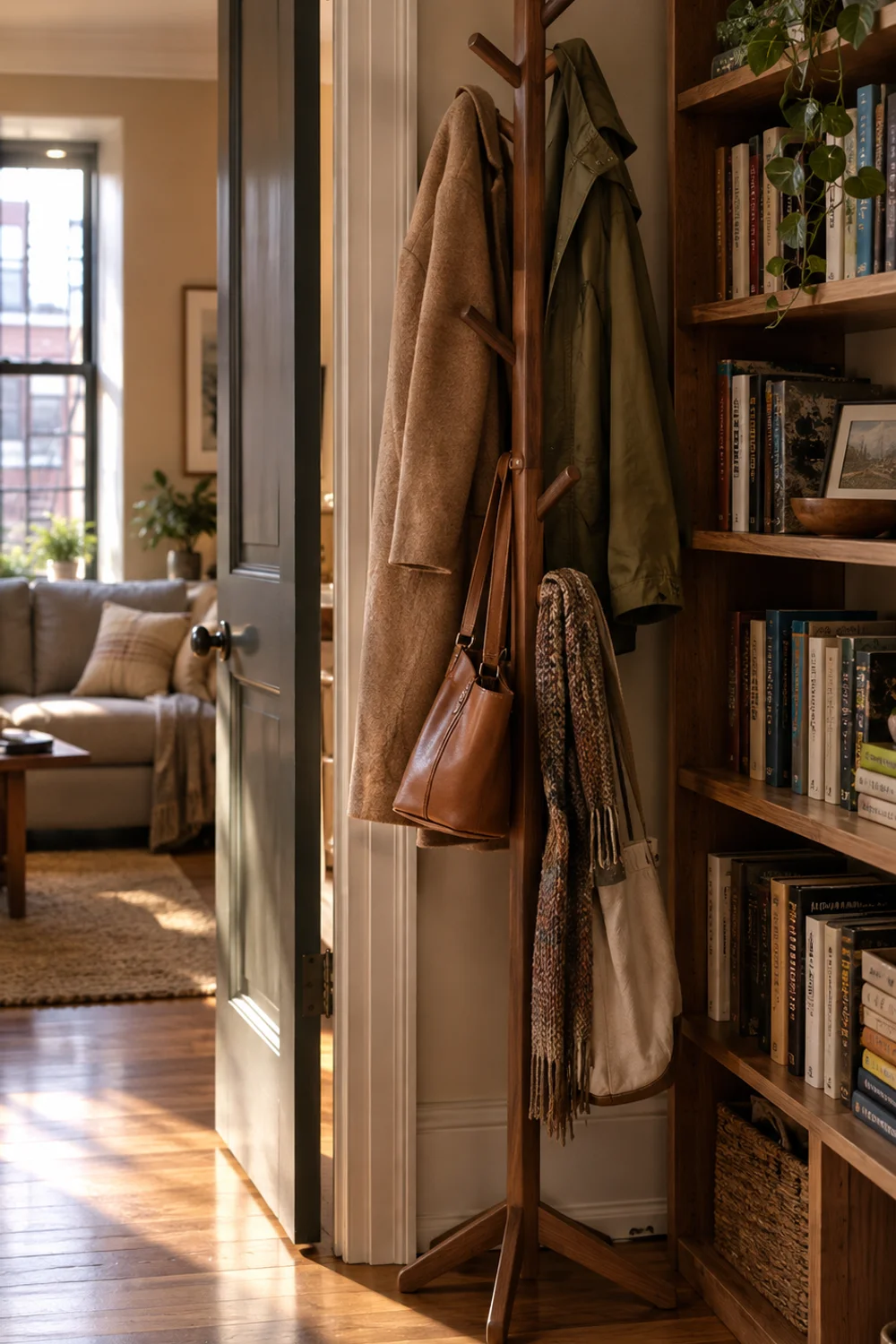 Solid wood freestanding coat tree with long coats and a leather bag tucked into a corner beside the front door of a small apartment living room