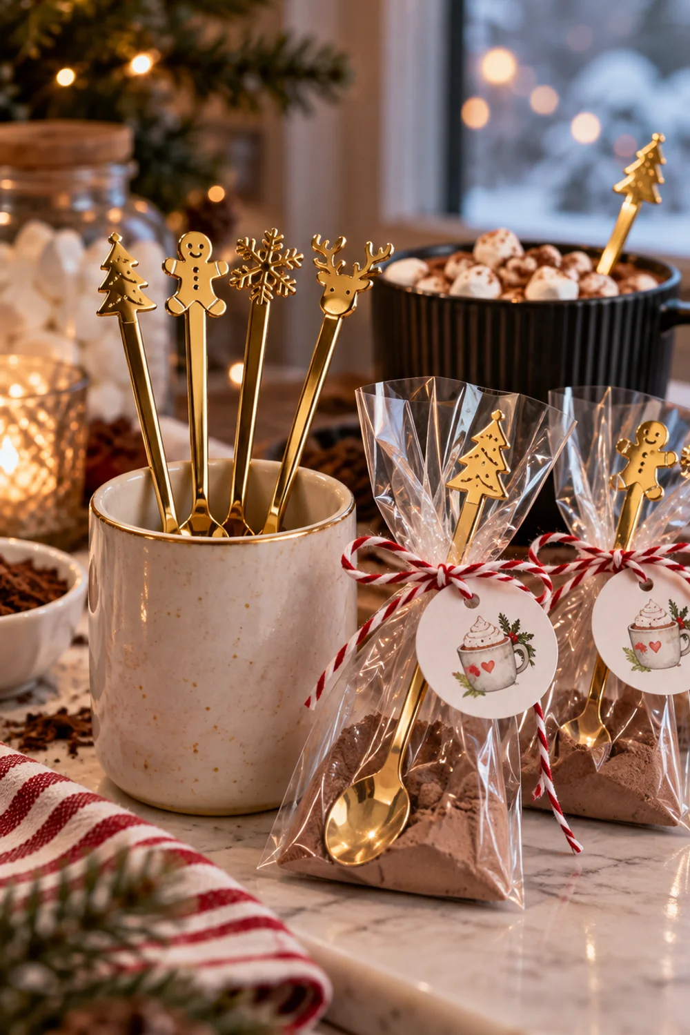 Gold stainless steel hot chocolate spoons in a small ceramic cup beside bagged spoons tied with red and white twine