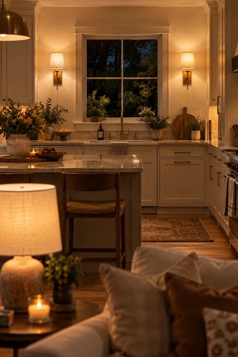 Pair of gold wall sconces with linen shades washing the back wall of an open kitchen with warm evening light