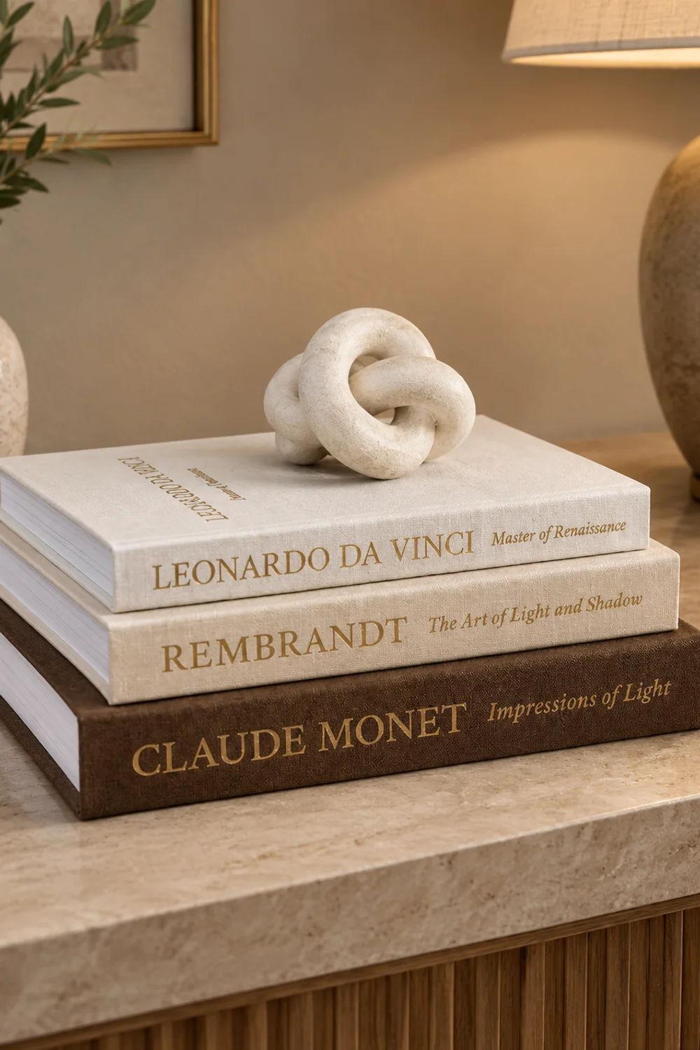 Stack of three linen-covered decorative books in brown, cream and white with gold spine lettering acting as a plinth on a console table