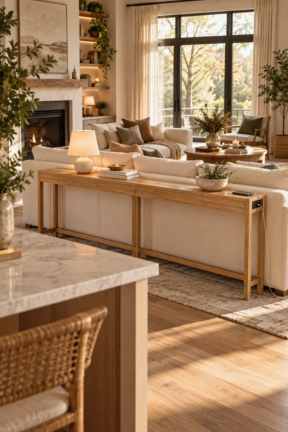 Long narrow natural bamboo console table behind a cream sofa dividing an open kitchen and living room