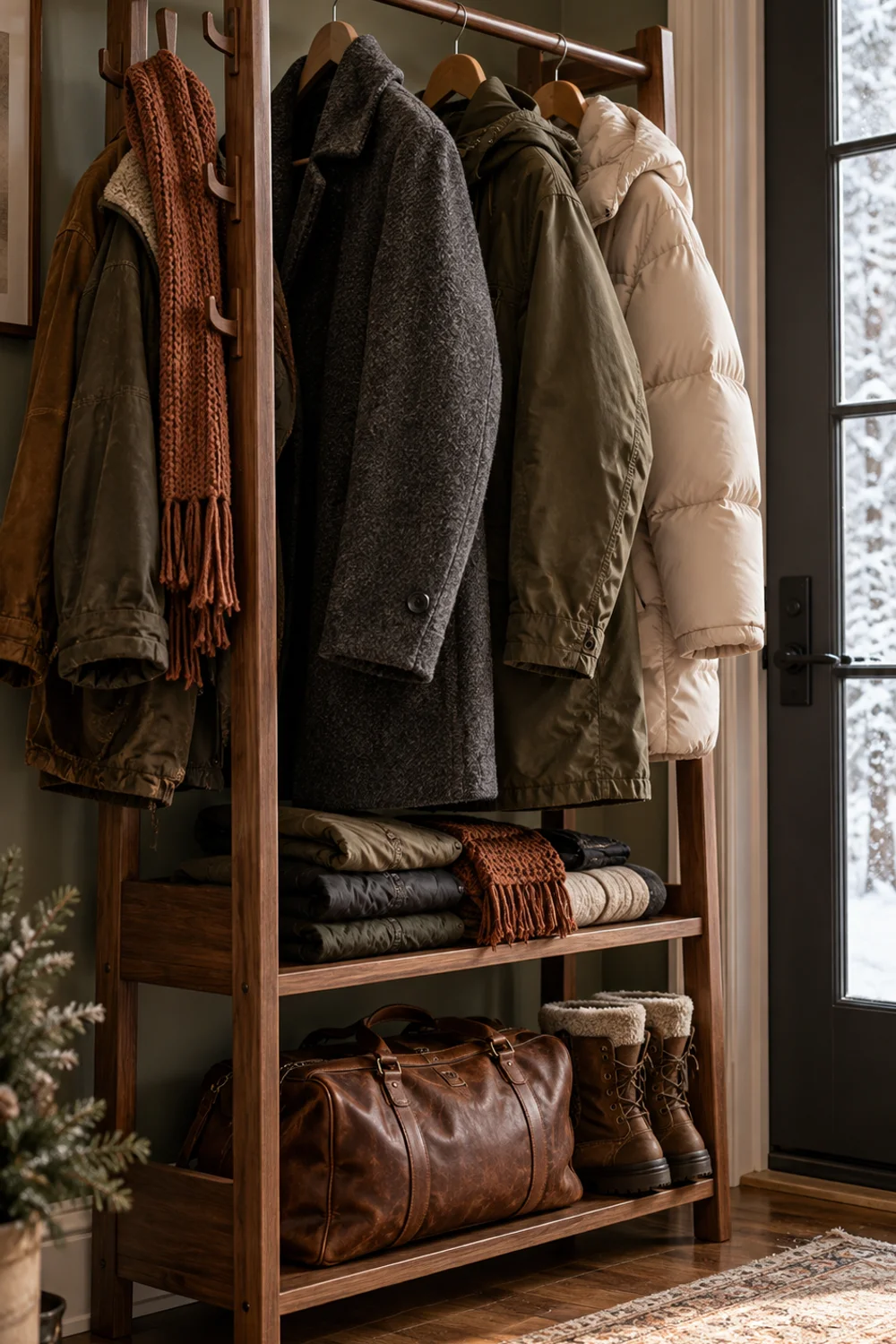 Open solid wood clothing rack holding three winter parkas on wide wooden hangers with ski jackets folded on the top shelf in a snowy entry