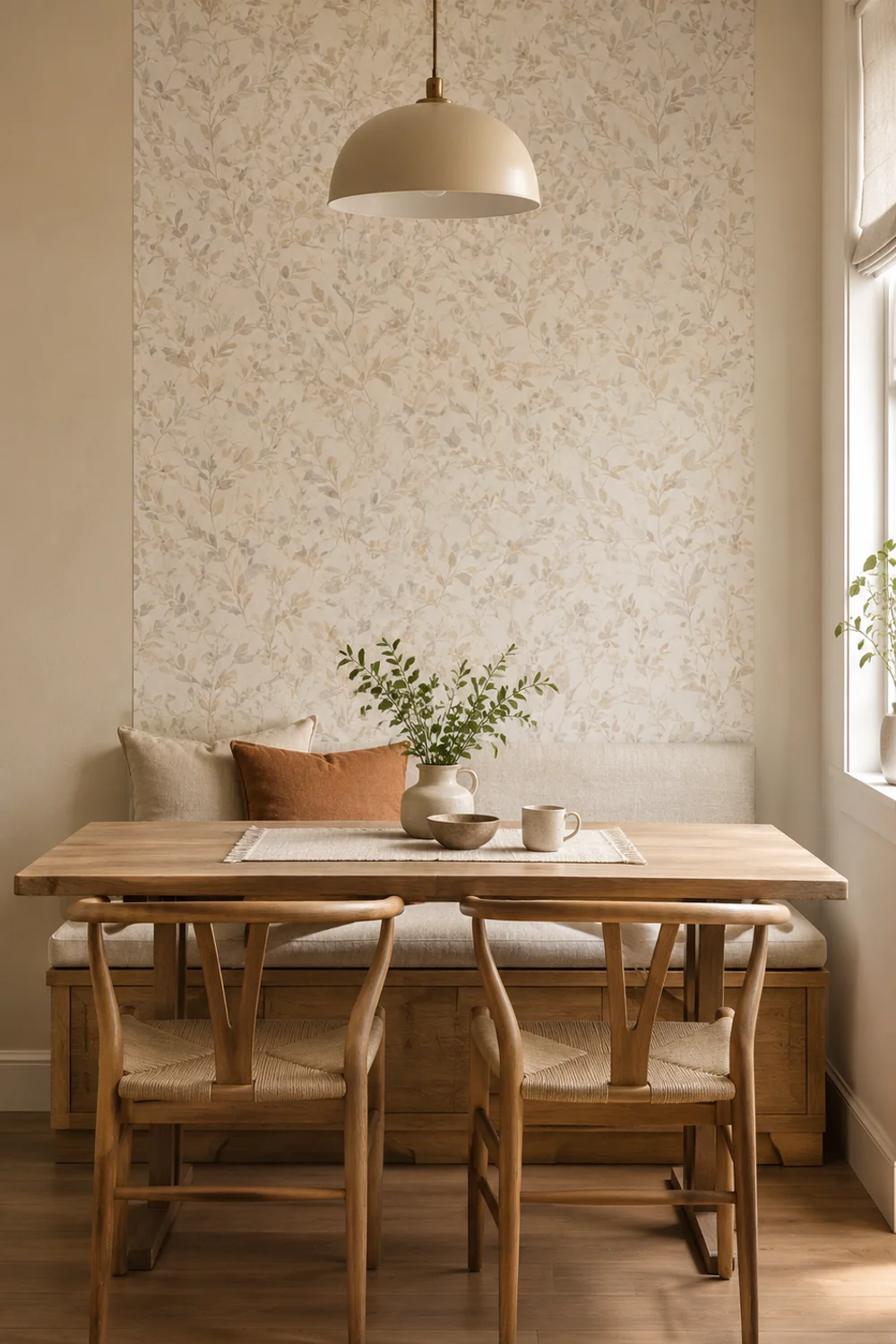 Removable boho peel and stick wallpaper panel framing a breakfast nook bench and table against a beige rental kitchen wall