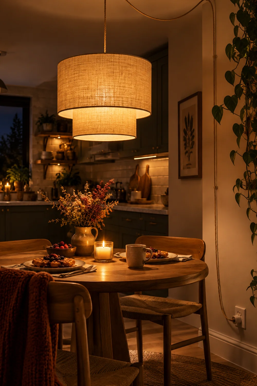Plug-in two-tier linen drum pendant light with woven cord glowing over a small breakfast nook table in the evening
