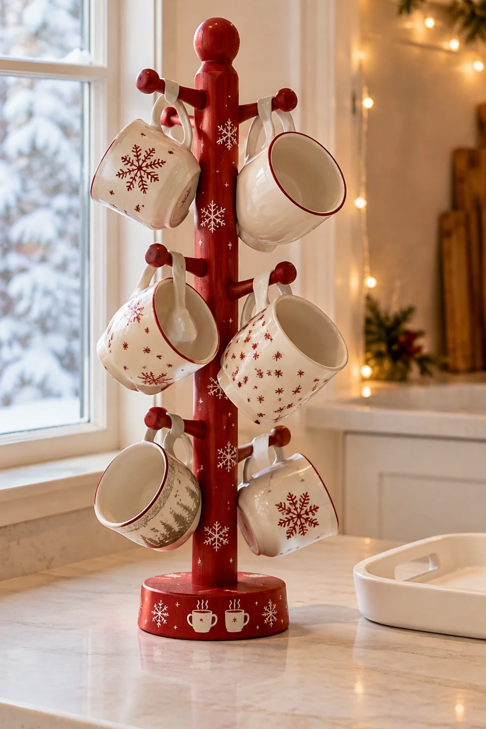 Red wooden mug holder tree with hooks holding cream and white mugs at the end of a kitchen counter