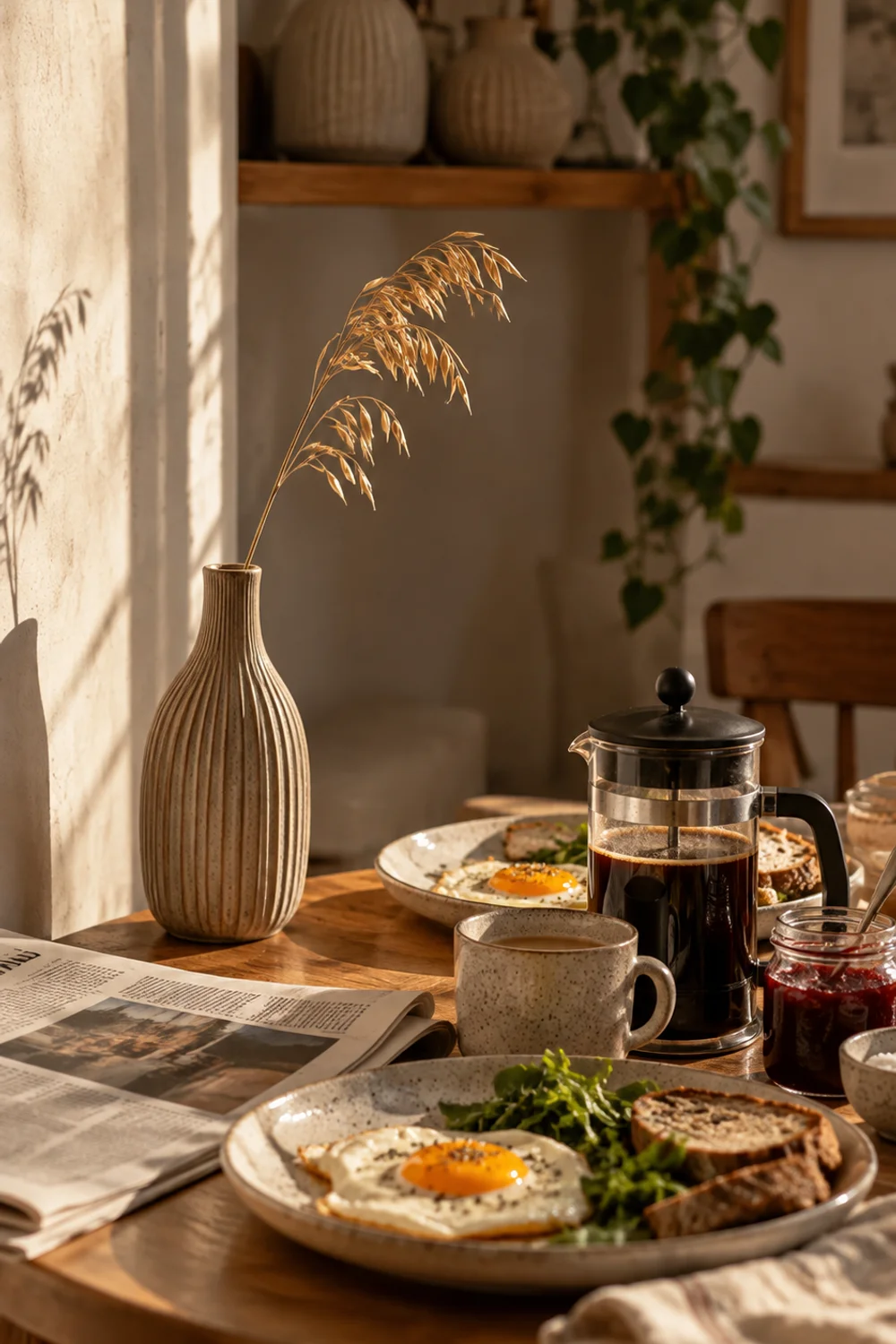 Single earth tone ribbed ceramic vase with a dried stem at the wall edge of a small breakfast table set for Saturday breakfast