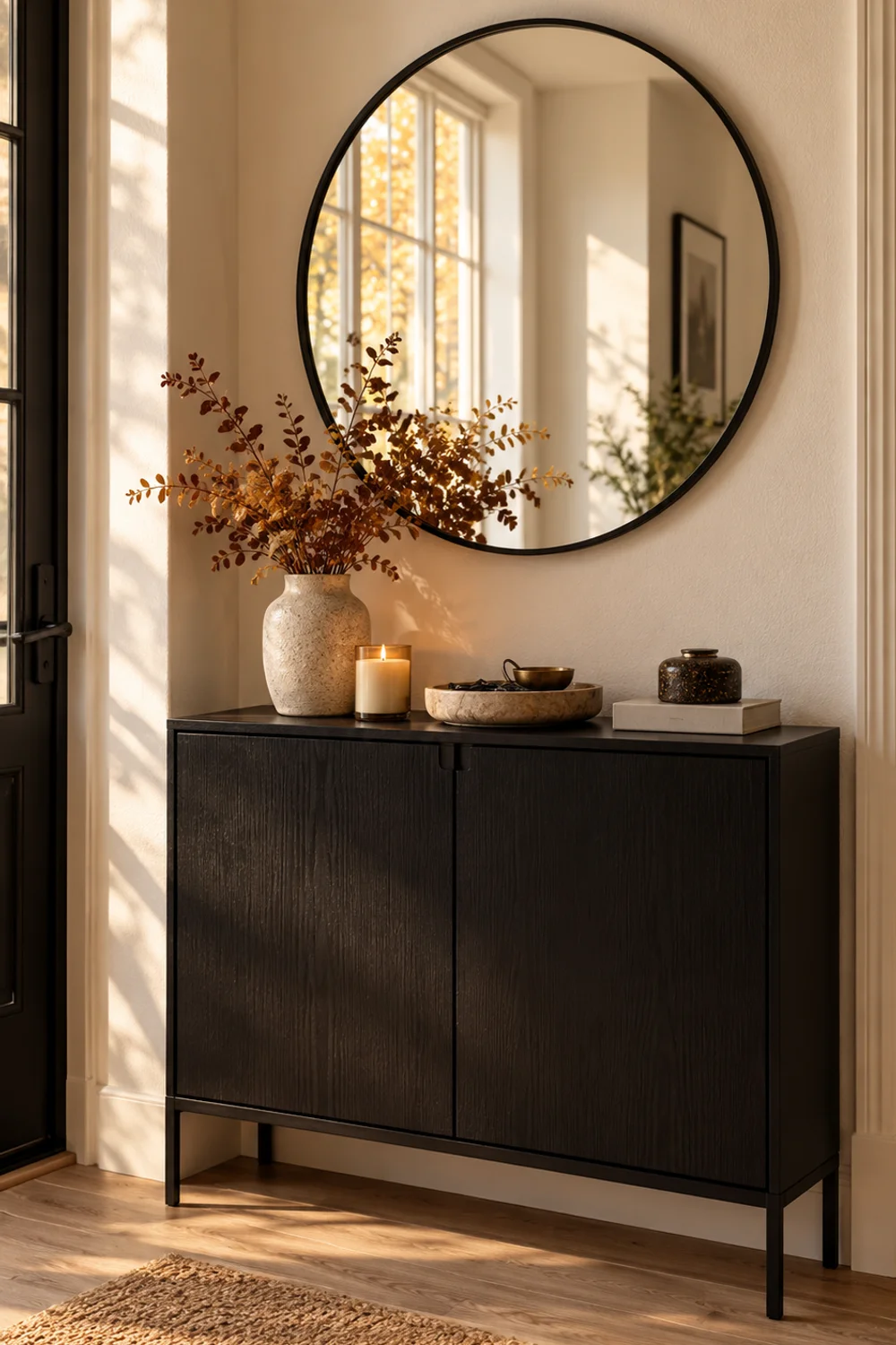 Round 24-inch mirror with a thin matte black frame hanging above a slim cabinet in a small entryway reflecting a bright window