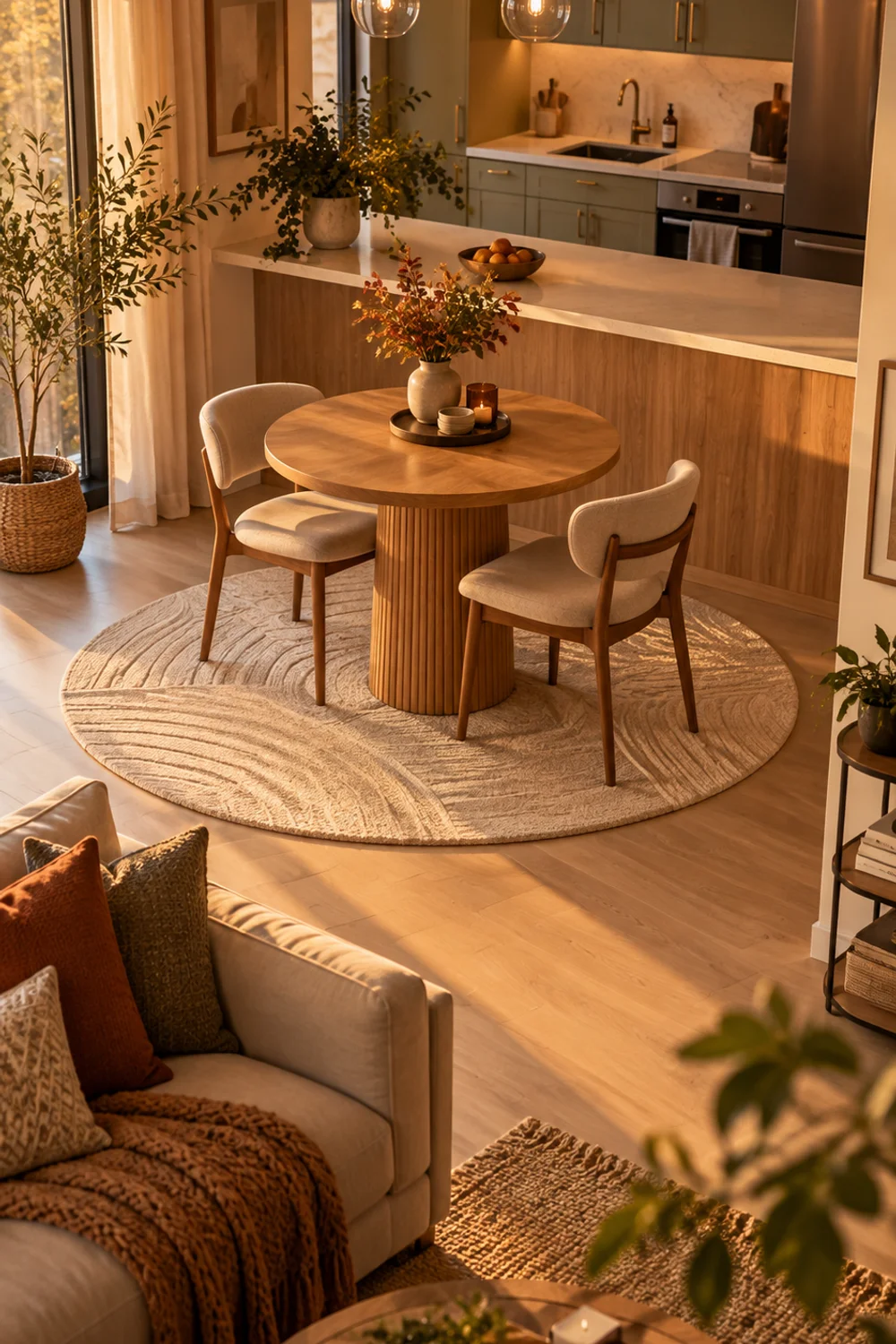 Round washable beige rug zoning a small breakfast nook table and chairs between the kitchen and living area of an open studio apartment