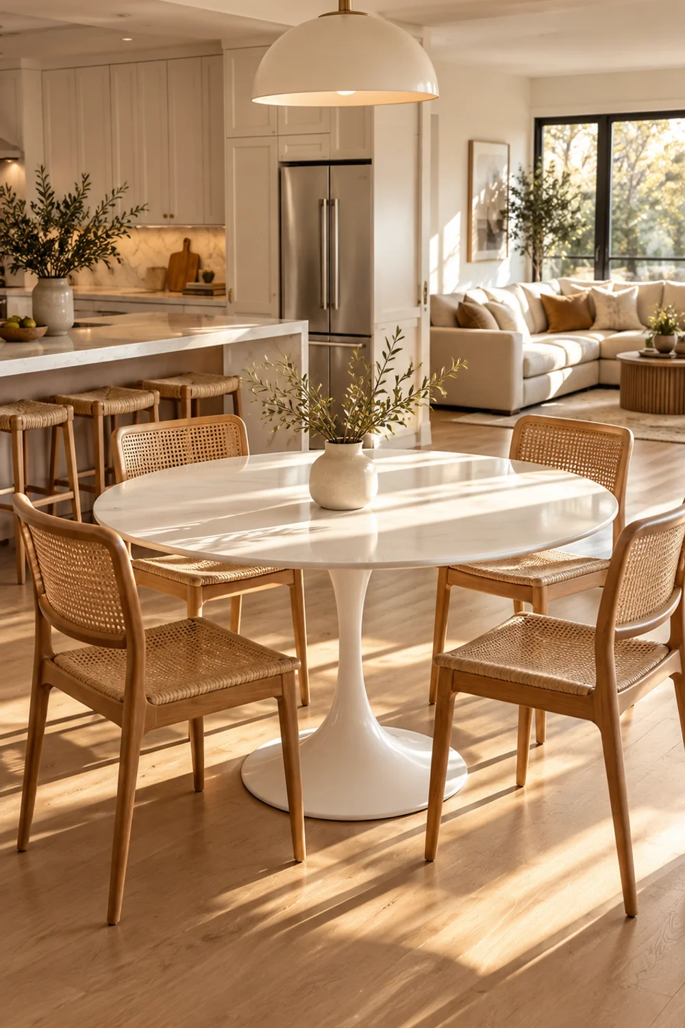 Round white pedestal dining table with light cane chairs keeping the walkway open between kitchen and living room