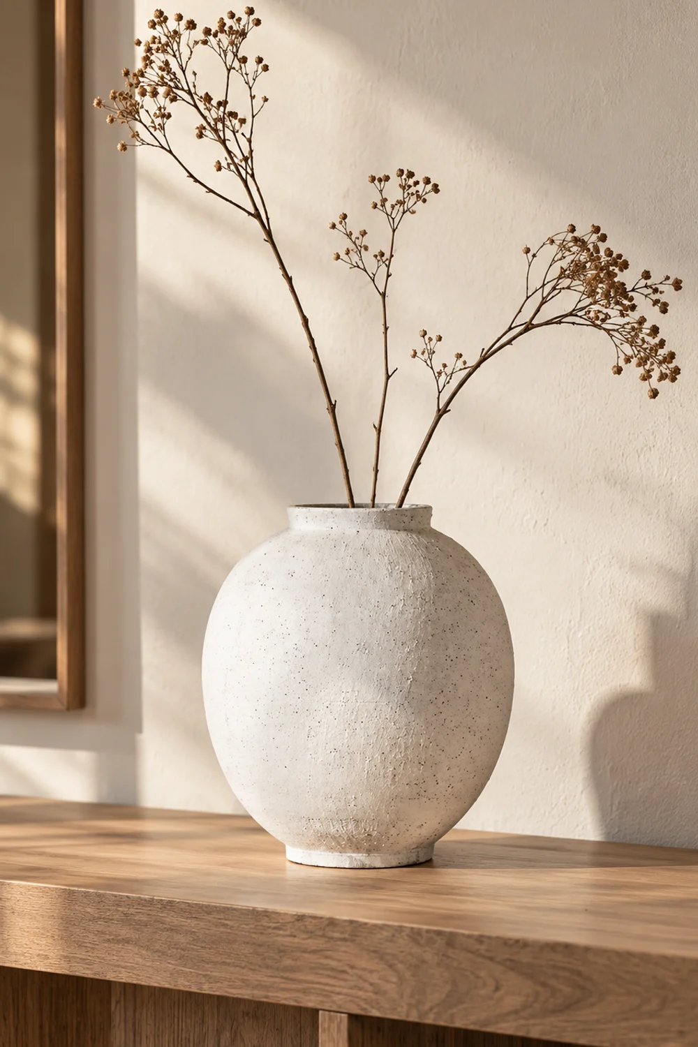 Round speckled sandstone-white ceramic vase with three slender dried branches on the front of a console table with generous empty space around it
