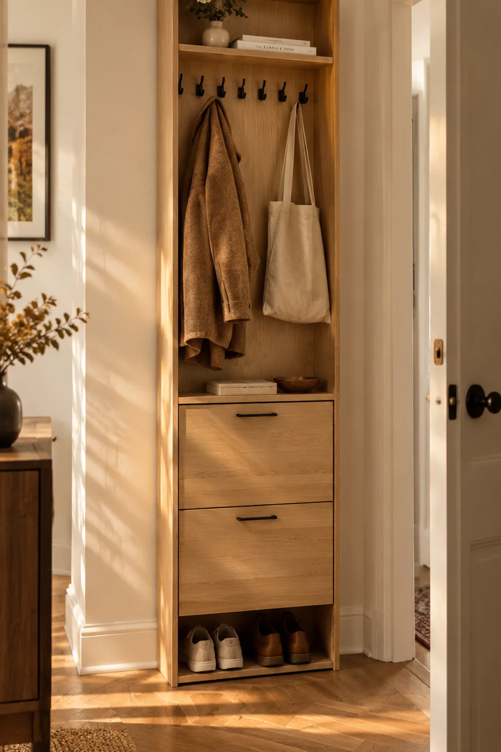 Slim light natural oak hall tree with seven black coat hooks, flip-front shoe drawers and an open bottom shelf standing beside the front door of a small entryway