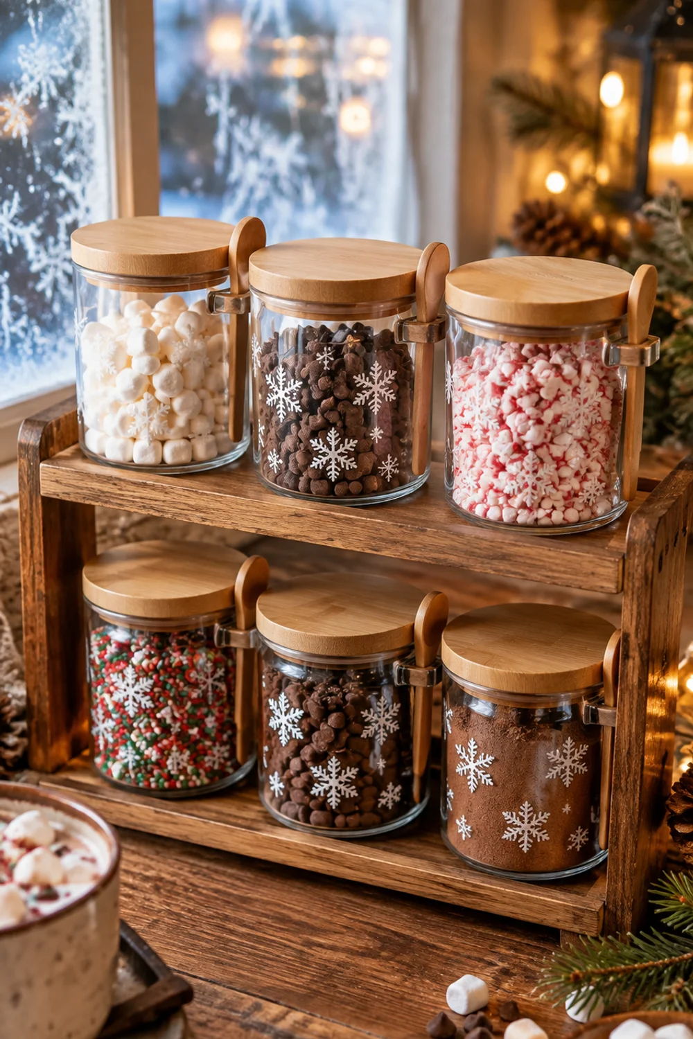 Six snowflake-patterned glass jars with bamboo lids on a two-tier wooden shelf filled with marshmallows and chocolate chips