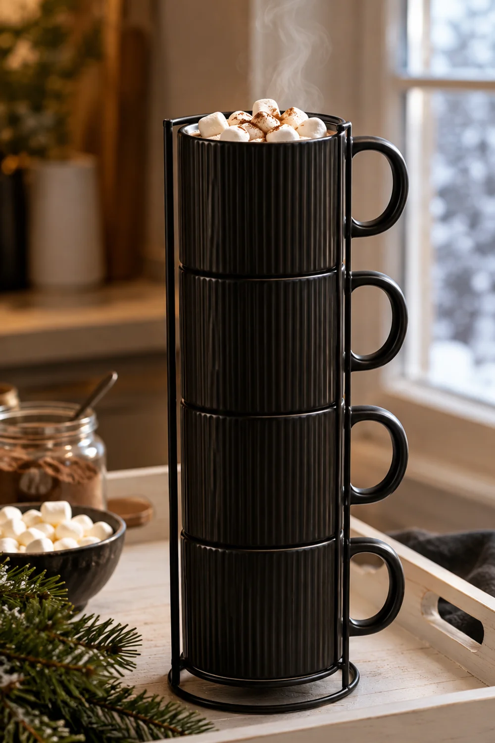 Four black ribbed porcelain mugs stacked on a metal stand on a white tray at the start of a hot cocoa bar