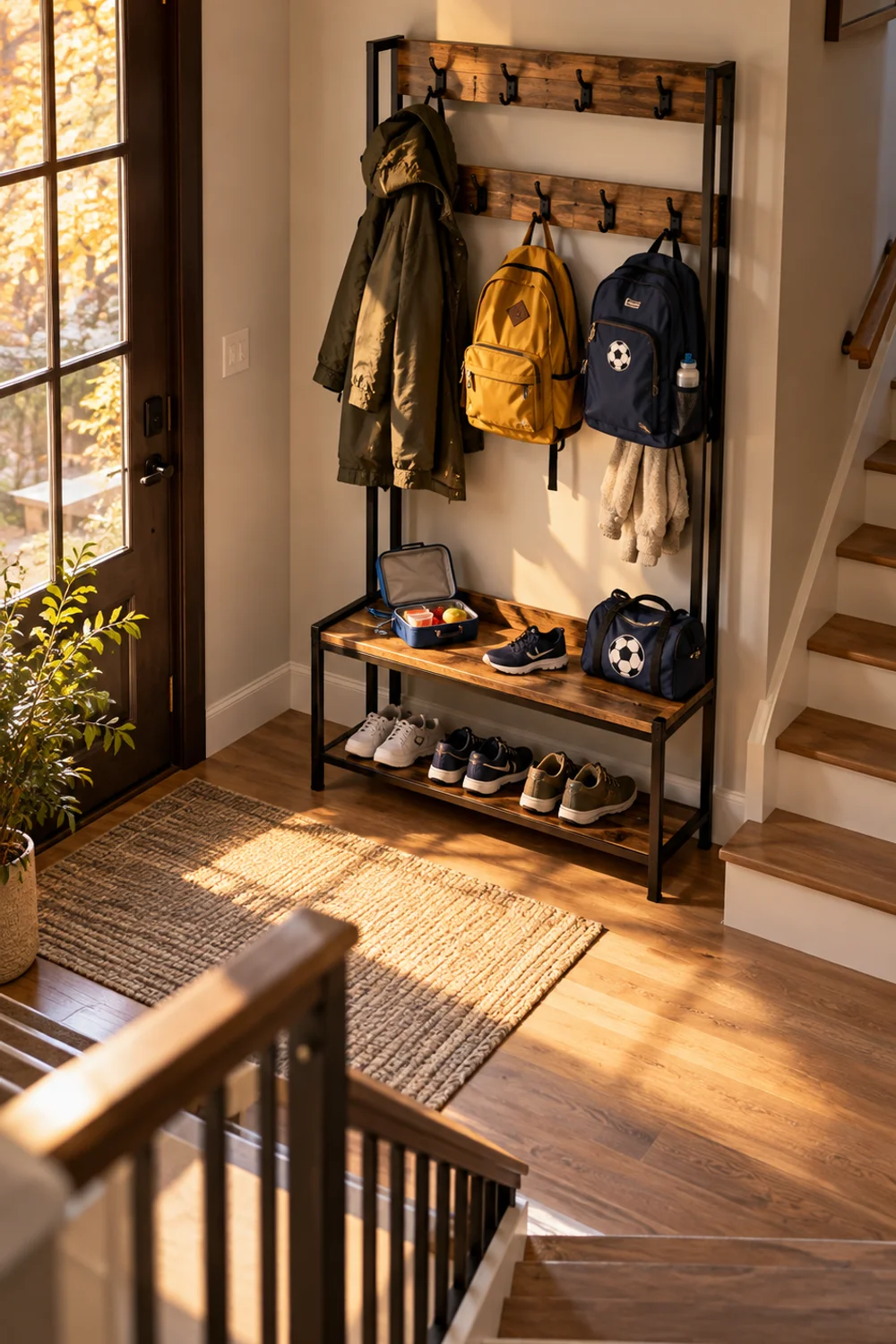 Black steel hall tree with hooks, bench and shoe shelf holding family backpacks and coats on a small split-level entry landing