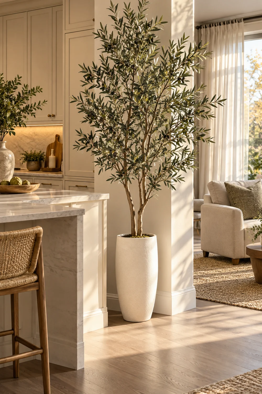 Tall olive tree in a white planter at the corner where an open kitchen meets the living room