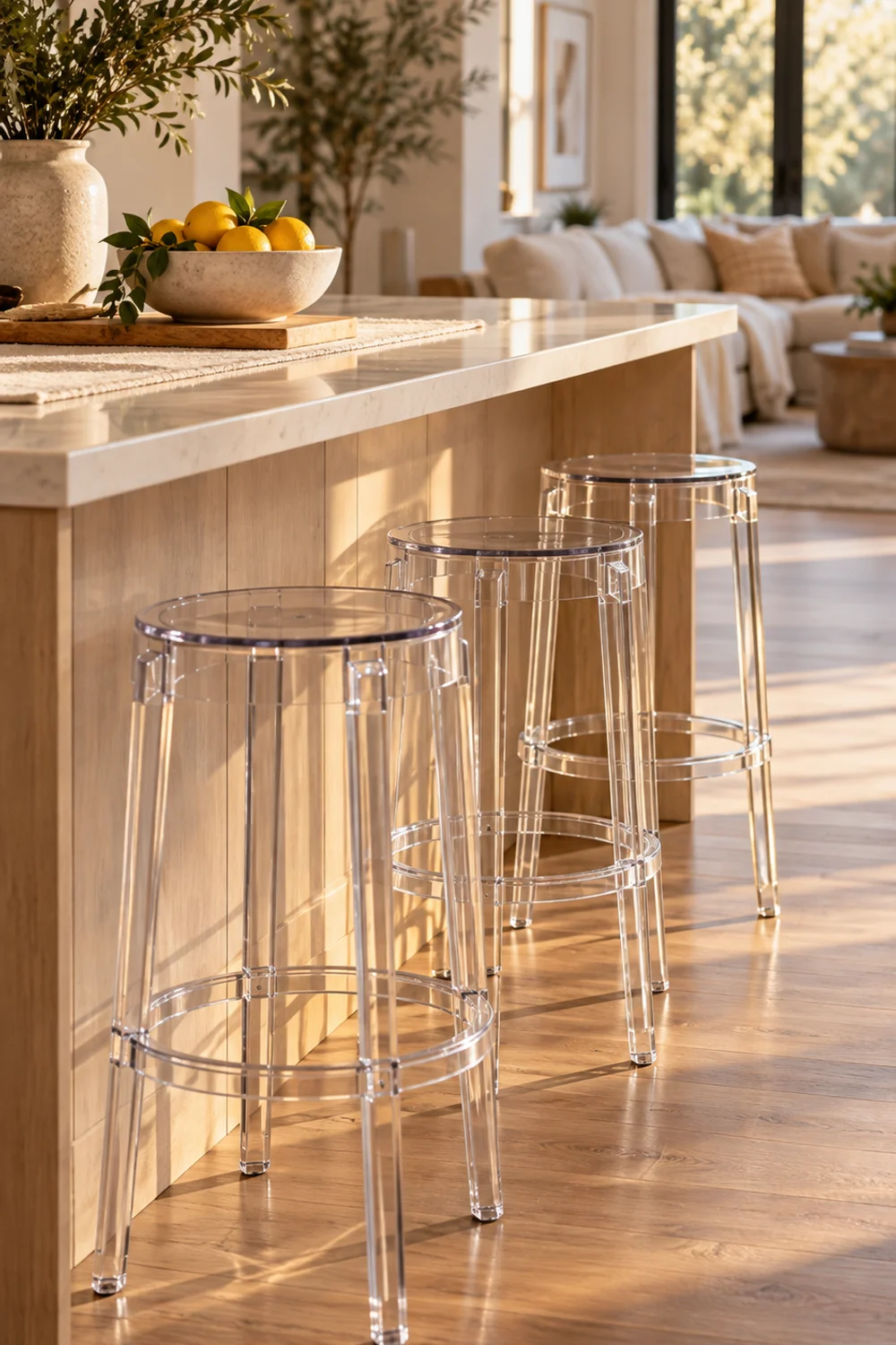 Three transparent backless ghost counter stools with foot rings tucked under a pale kitchen island