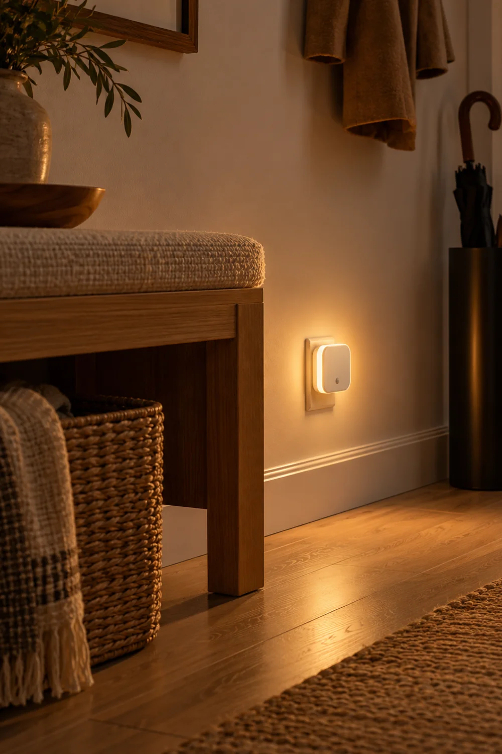 Small white plug-in motion sensor night light glowing warm amber on the wall near the floor of a dark entryway beside a bench