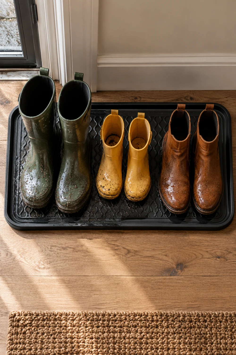 Top-down view of a black raised-edge boot tray holding wet rain boots and leather ankle boots on a dry oak entryway floor