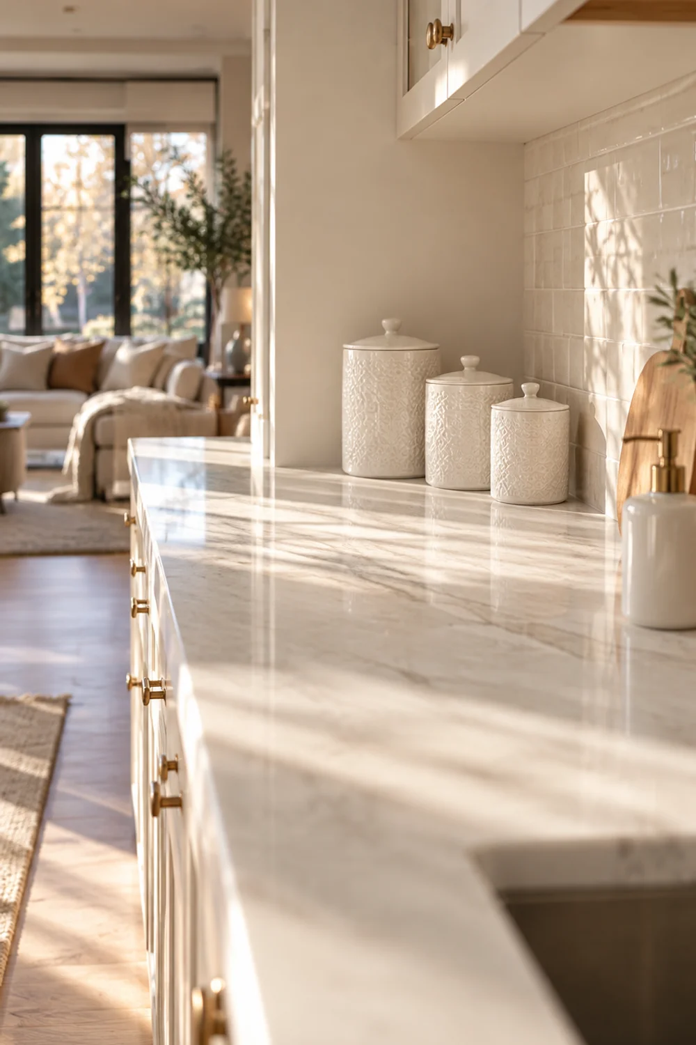 Set of three white embossed stoneware canisters grouped at the end of a long white kitchen countertop