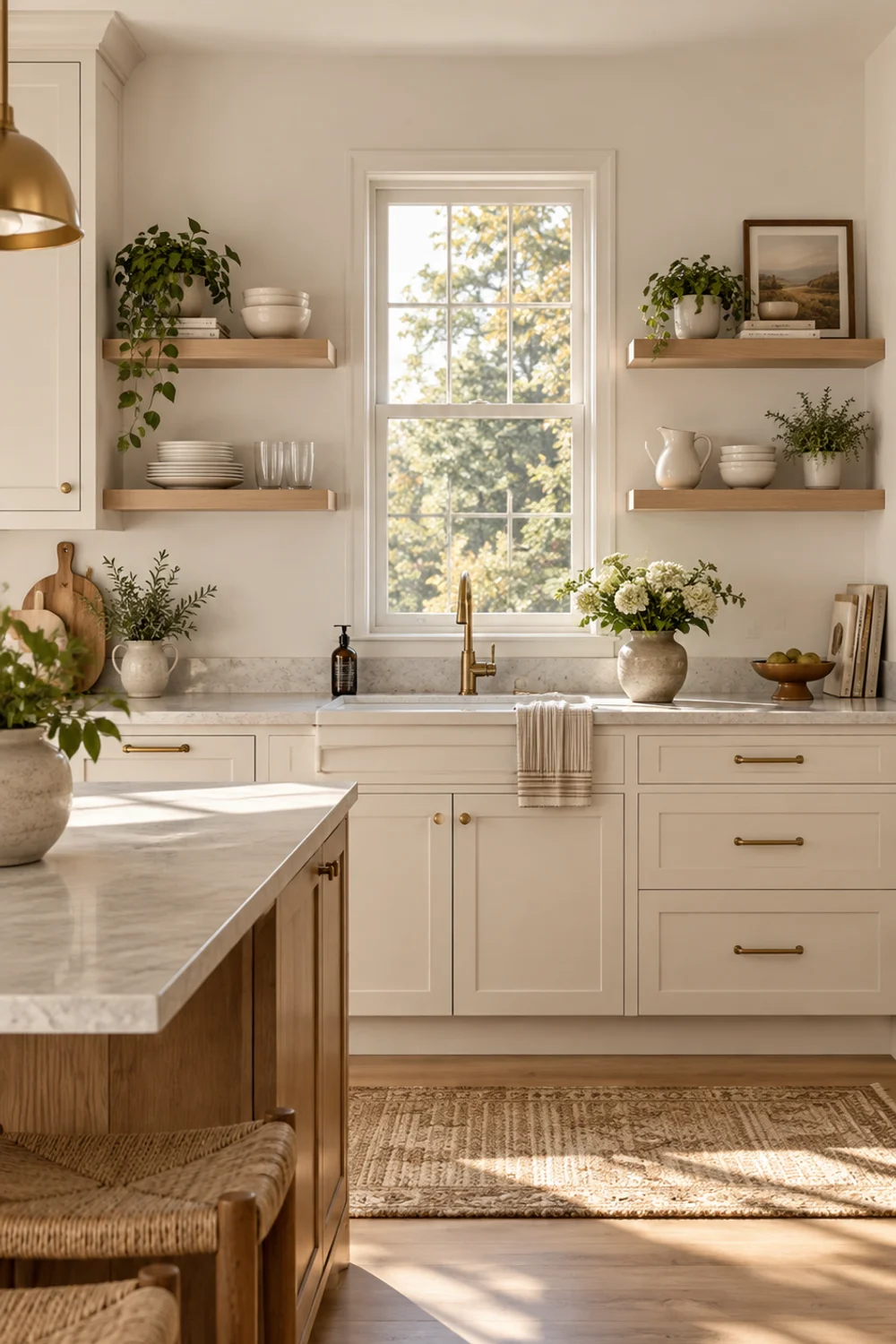 Two white oak floating shelves with white dishes replacing upper cabinets on a bright open kitchen wall