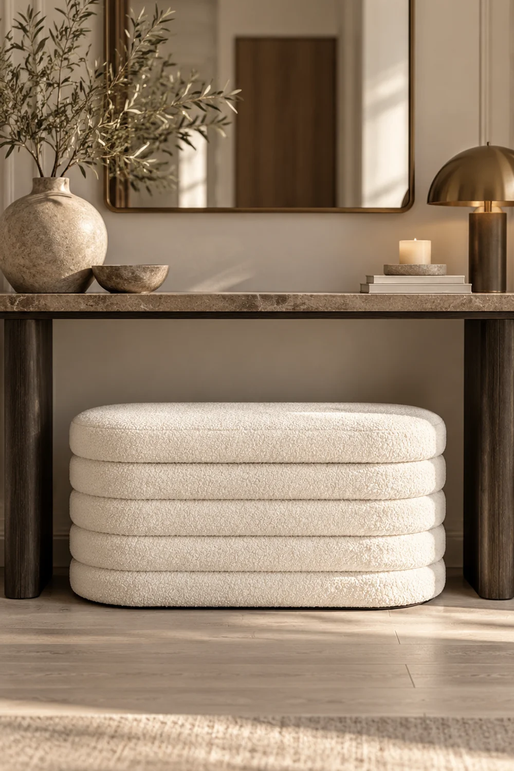 White oval teddy-fabric storage bench tucked under a console table with soft horizontal channels