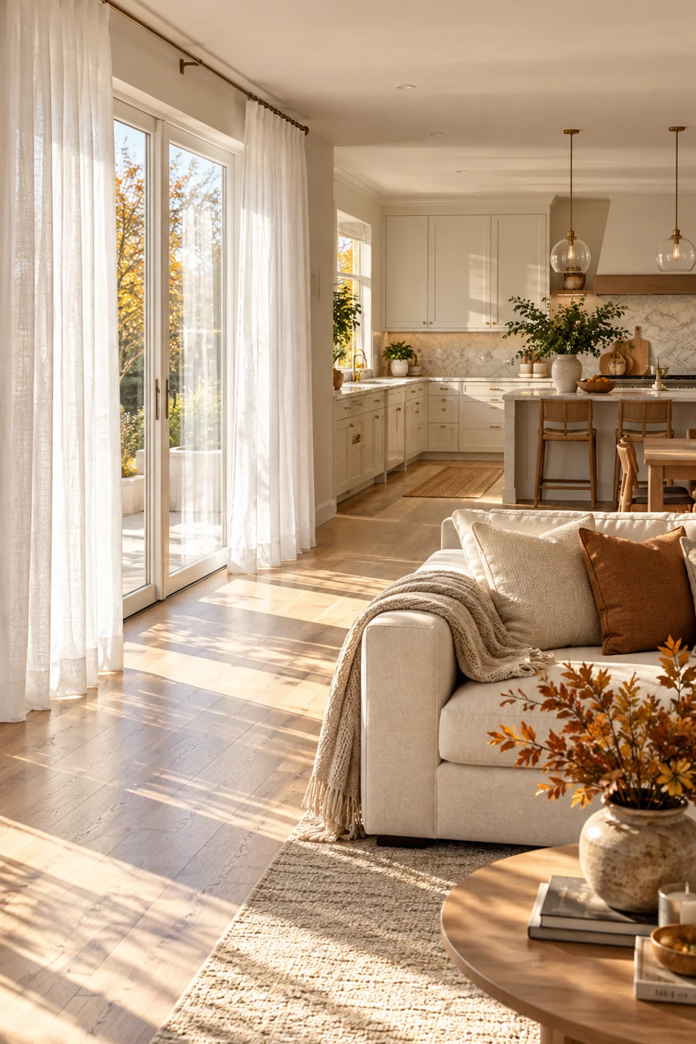 White sheer linen curtains on living room windows letting soft daylight flow across an open plan into the kitchen