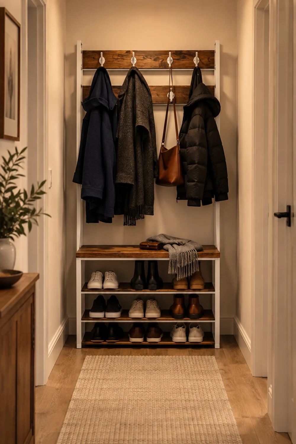 White and walnut hall tree with bench and shoe storage holding dark winter coats in a bright windowless entry corridor