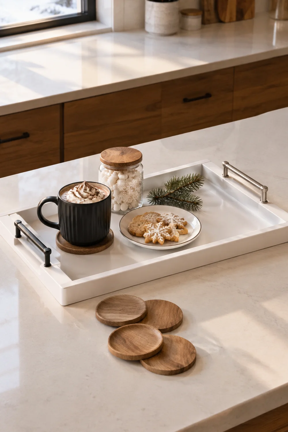 Large white wooden serving tray with metal handles defining a hot cocoa bar on a modern kitchen counter