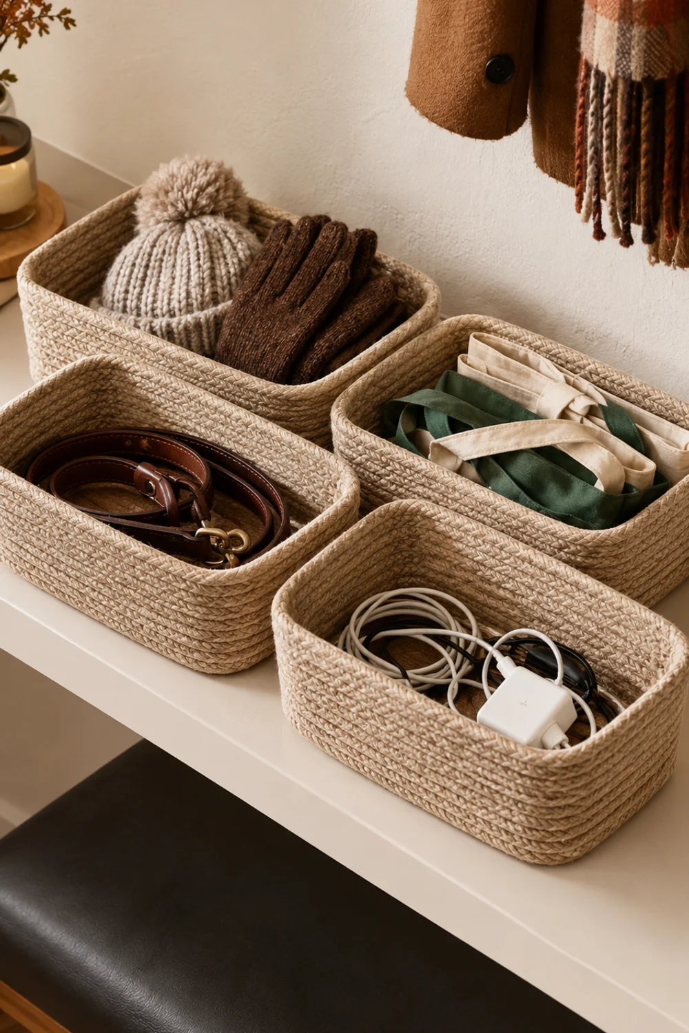 Four low rectangular woven cotton rope baskets in oatmeal tan holding gloves, hats, reusable bags and cables on an entryway shelf