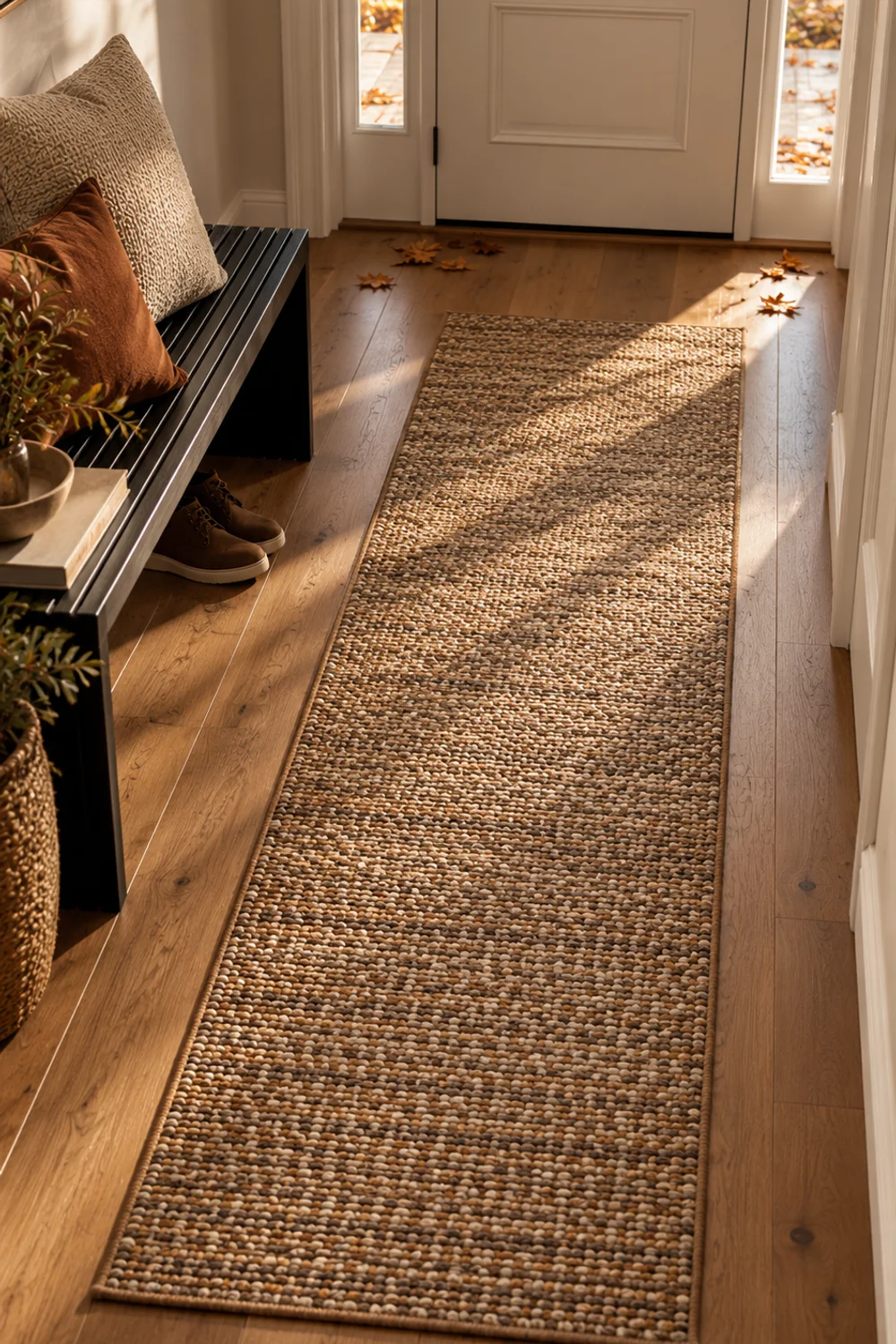 Narrow flat-woven braided-texture runner rug in beige, tan and brown running from the front door down a small entryway hall
